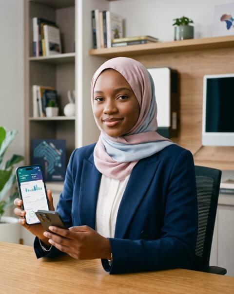 Smiling entrepreneur monitoring business savings